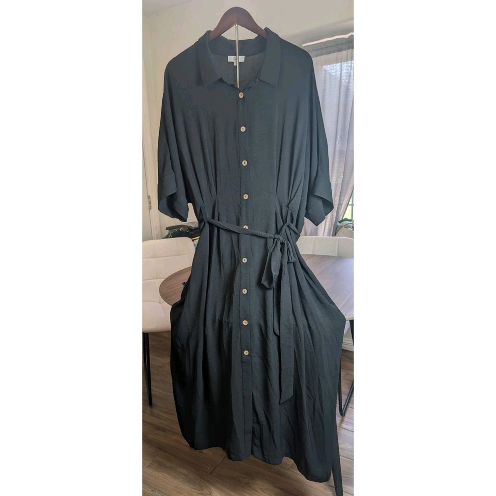 Oddi Los Angeles Black Button Front Shirt Dress Belted Midi Maxi 3XL Plus Size